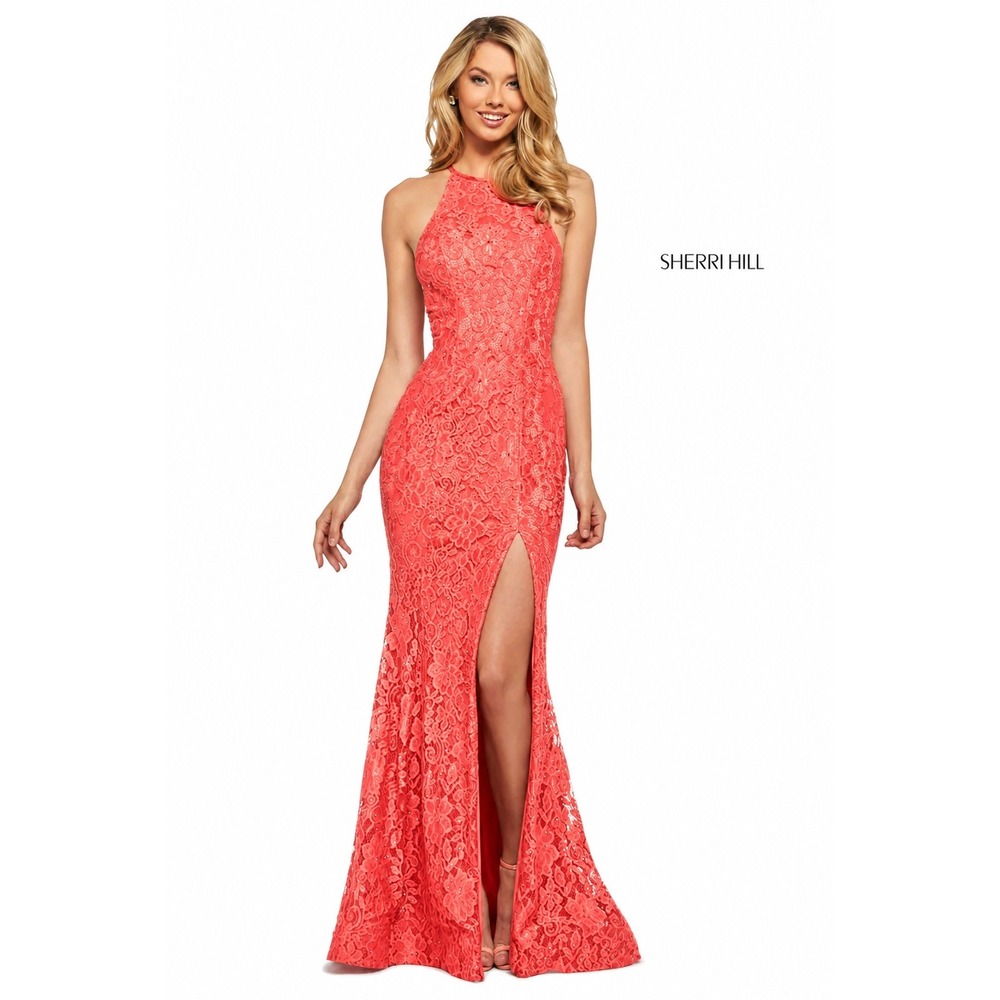NWT Sherri‎ Hill 53361 Coral Stretch Lace High Slit Halter Gown Dress Size 8